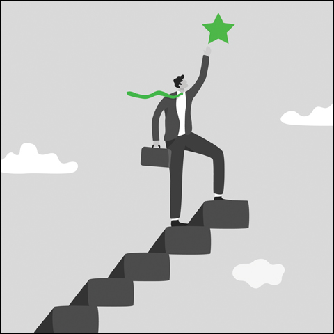 Illustration of a figure climbing to the top of steps and reaching for a star.